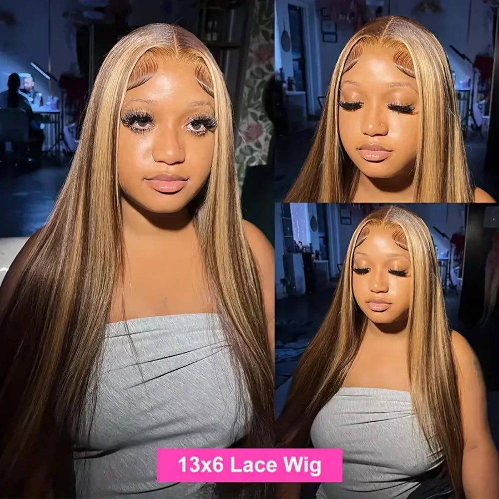 44 Inches Bone Straight Highlight Lace Front Human Hair Wig 13x6 Honey Blonde Colored Human Hair Wigs For Women 200 Density