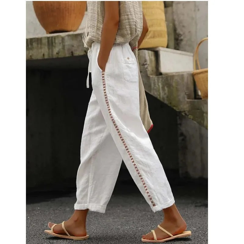 Wide Leg Pants Women Casual Straight Ankle Length Trousers High Waist Elastic Waist Lace Up Pockets Slacks 2025 Streetwear