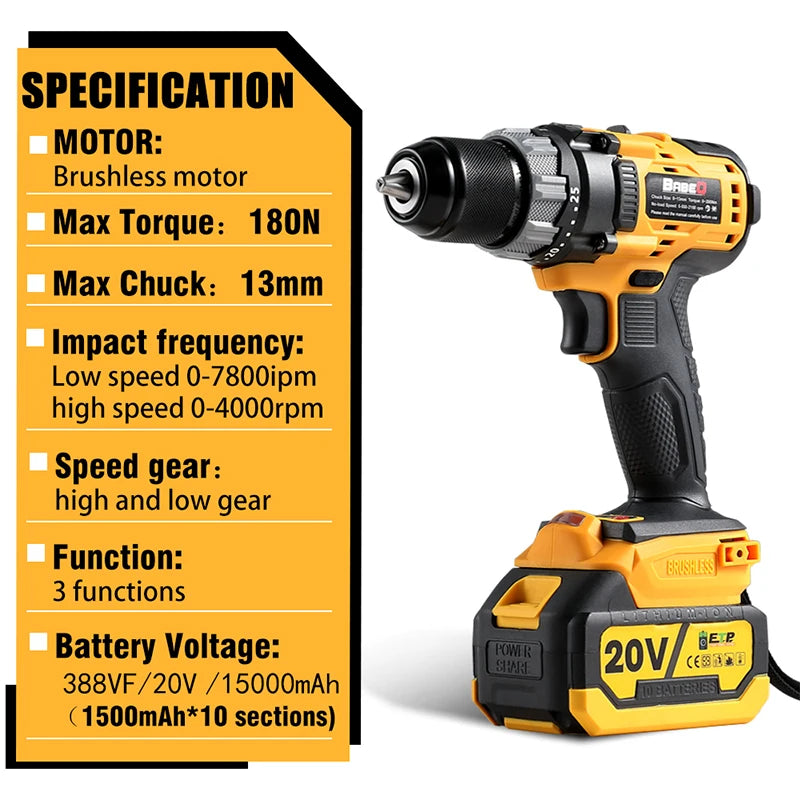 13mm Brushless Electric Impact Drill 3 in 1 Electric Cordless Screwdriver 180N.M Torque For Makita18-21V Battery Power Tools