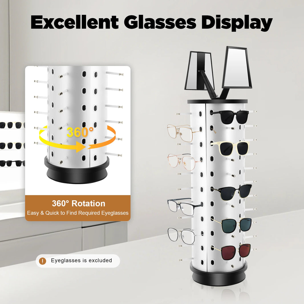 (Round) 360° Rotating Eyeglasses Display Stand for Holding 44 Glasses, Glasses Holder Rack with Mirror, Sunglasses Display Stand