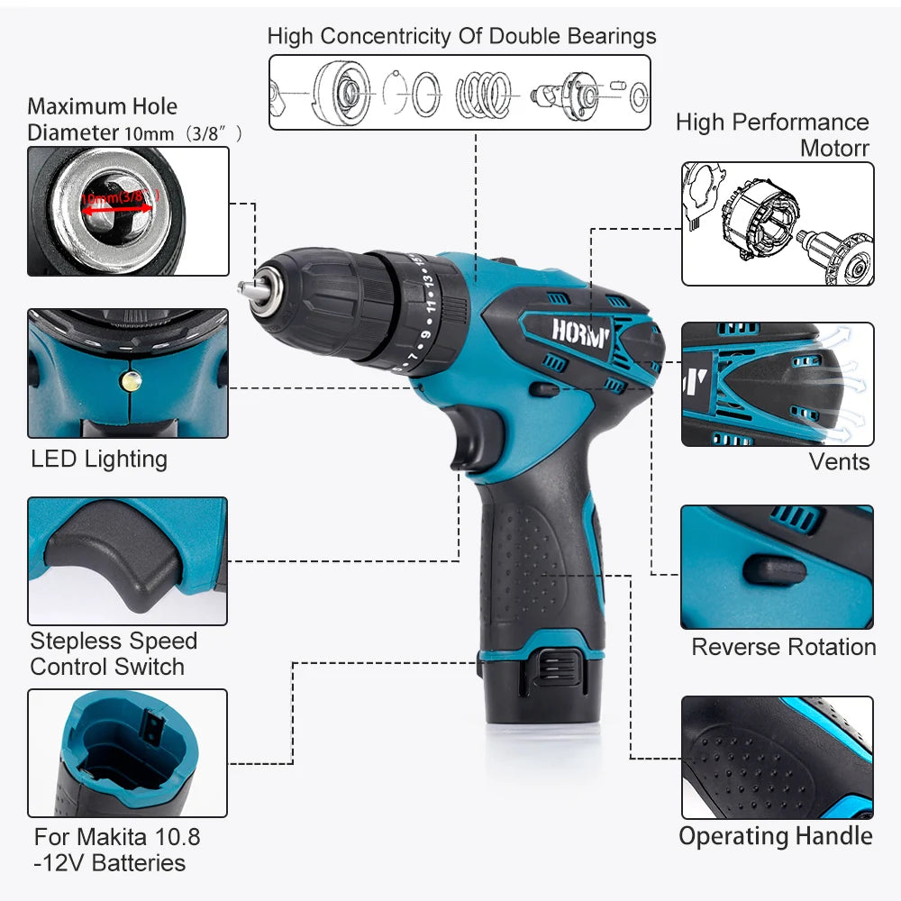 Hormy Electric Impact Drill 32N.m Multi Electric Screwdriver Rechargable Wireless Harmer Drill Power Tool For Makita 12V Battery