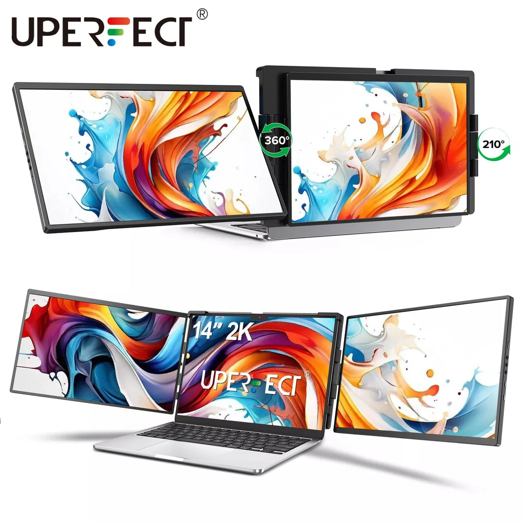 UPERFECT 14" 2K Triple Portable Monitor 2240x1400 QHD IPS Dual Display with Rotation Kickstand Laptop Screen Extender for MacOS