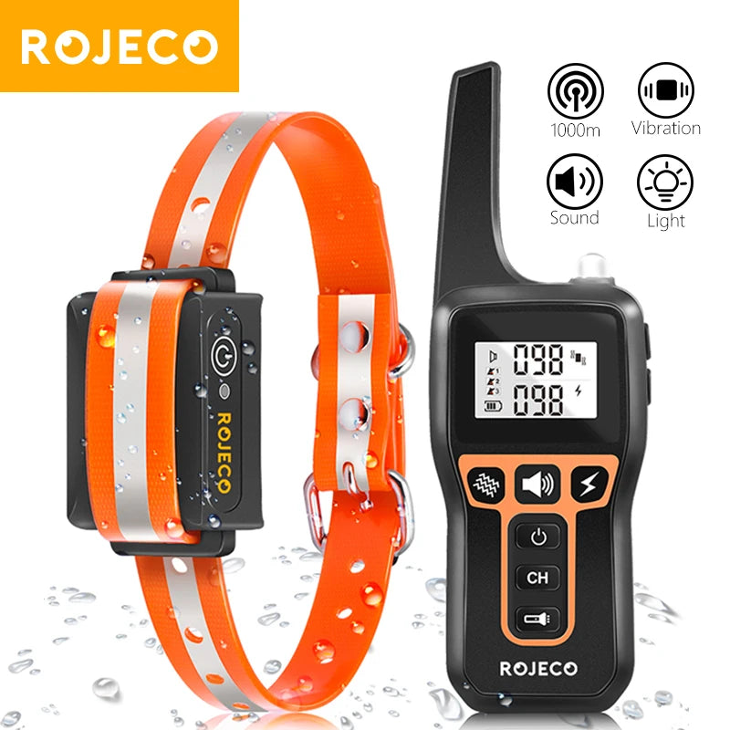 ROJECO 1000m Electric Dog Training Collar Remote Control Training Collar For Pet Rechargeable Dog Bark Control Stop Shock Collar