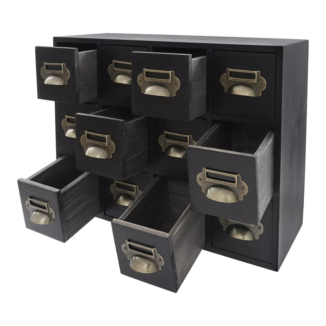 12 Drawers Wooden Desktop Organizer Home Storage Case Cosmetic Dresser Box Black