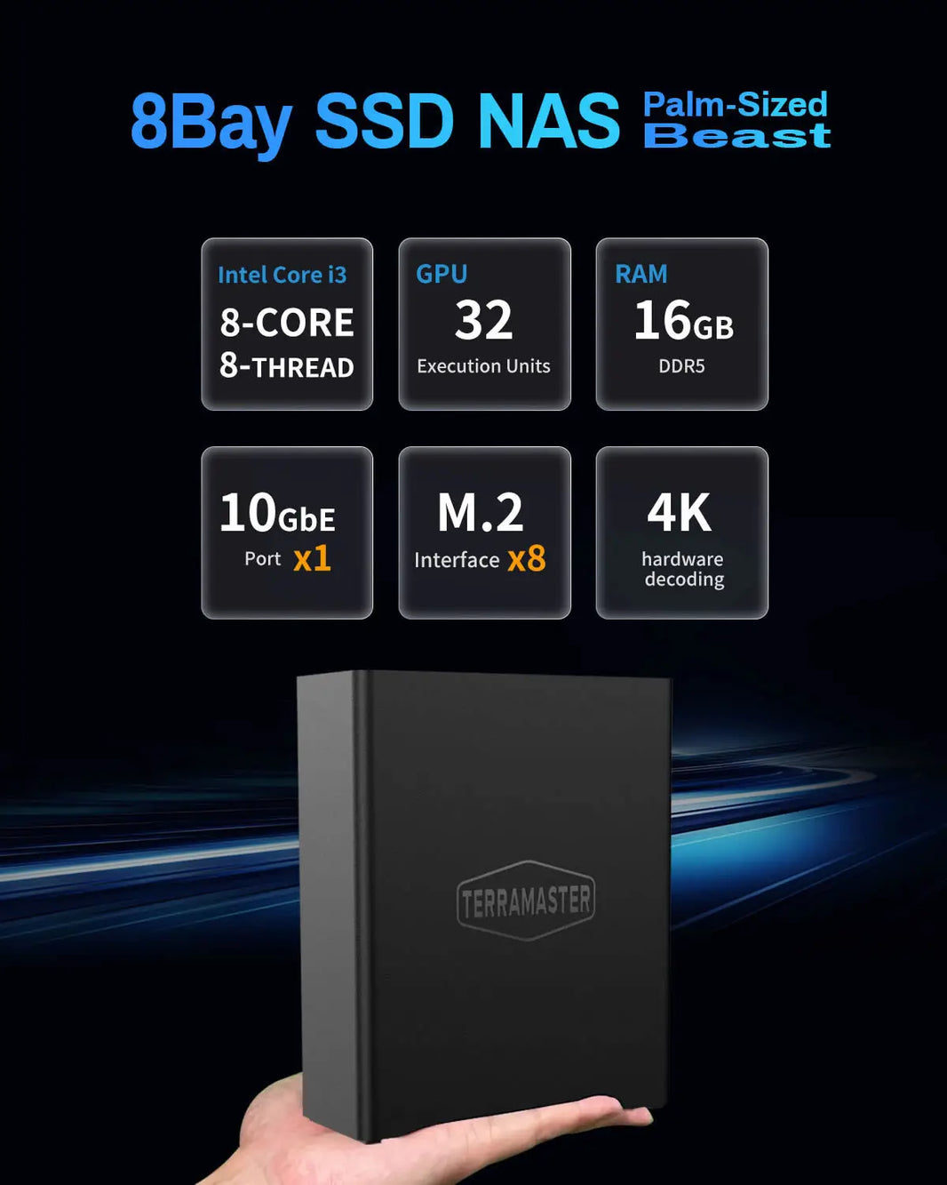 TERRAMASTER F8 SSD Plus NAS - 8Bay All SSD Core i3 8-Core 8-Thread CPU, 16GB RAM, Palm-Sized Network Attached Storage (Diskless)