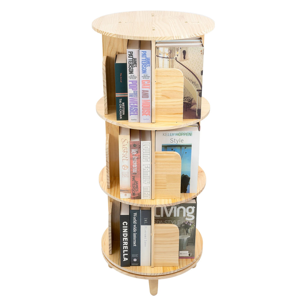 111cm Floor Standing Solid Wood 3-layer Rotating Bookshelf Home Storage Rack