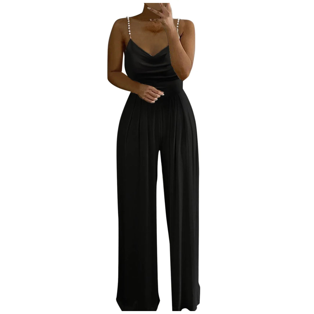 Sexy Pearl Sling Jumpsuits Elegant Rompers 2023 Summer Jumpsuit Women Wide Leg Playsuits Soild Color Casual V-Neck Overall