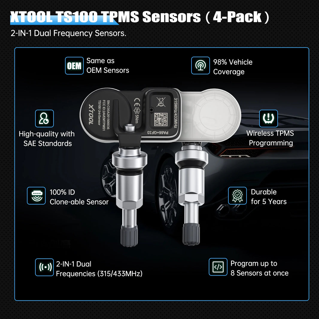 XTOOL TS100 Sensor 2 in 1 315MHz 433MHz TPMS Sensor Tire Repair Tools TPMS Scanner Pressure Monitor Tester Work on TP150 IP819TP