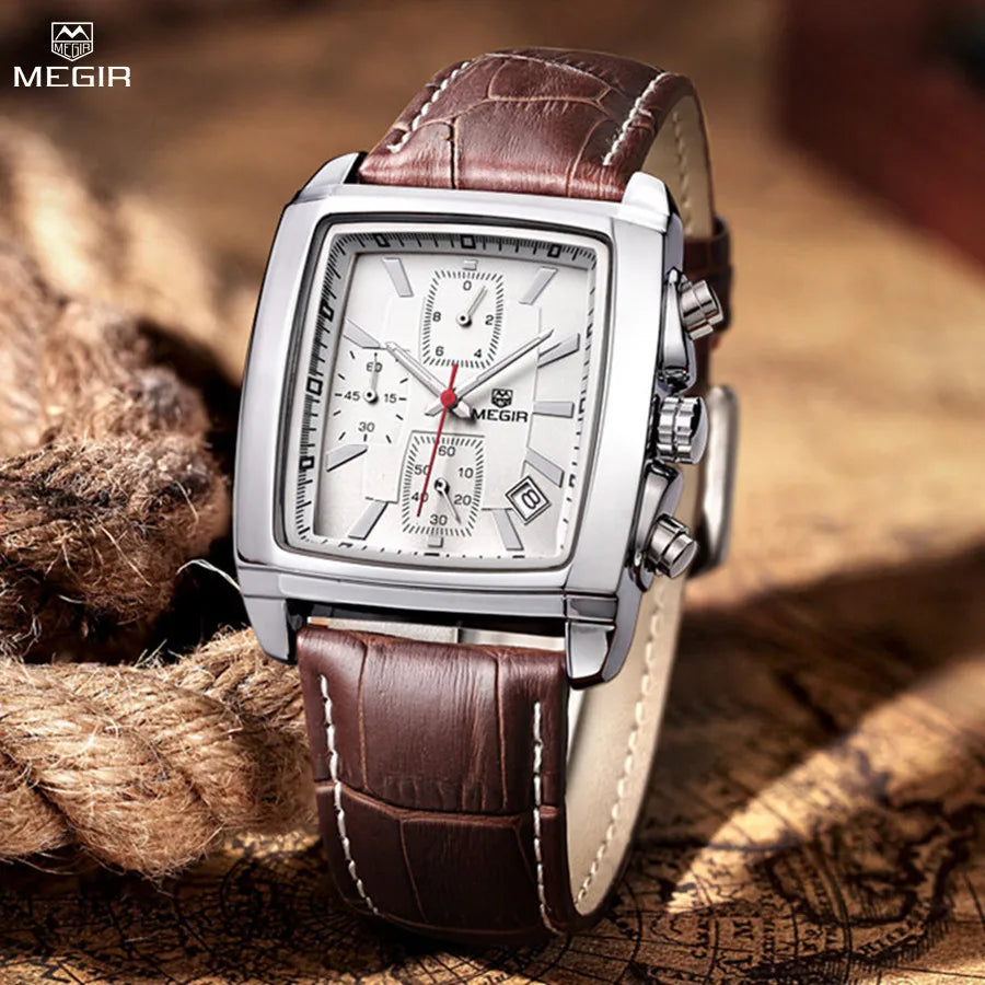 MEGIR Watch Men Business Wristwatch Rectangle Quartz Military Watches Waterproof Luminous Leather Casual Moda Clock Reloj Hombre