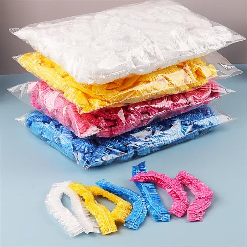 50/100Pcs Disposable Plastic Shower Hair Cap Women Waterproof Spa Salon Hotel Hair Dye Elastic Shower Cap Bathroom Accessories