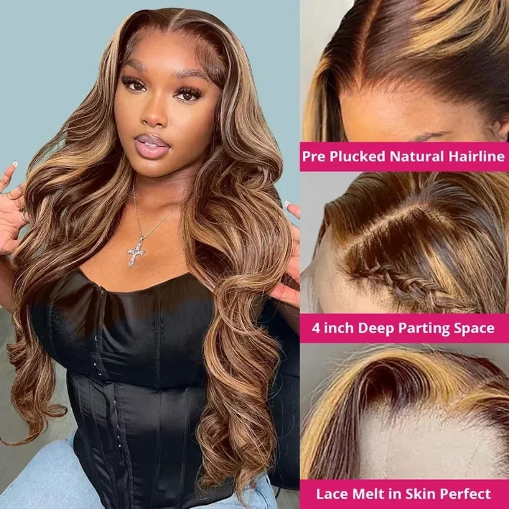 P4/27 Highlight 200 Density Body Wave Human Hair Wig Colored Body Wave 13x4 13x6 HD Transparent Lace Wigs PrePlucked For Women
