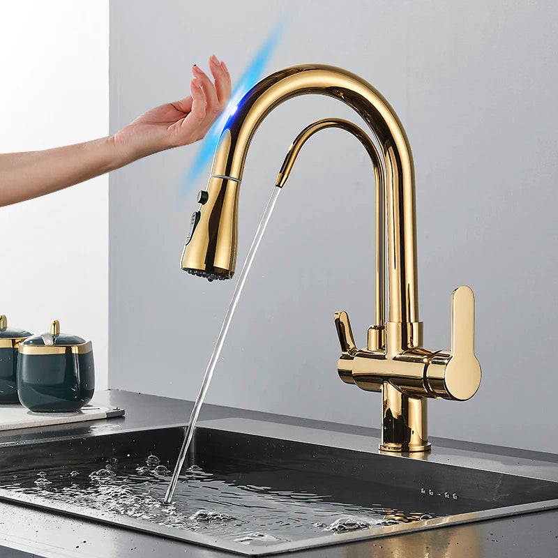 Smart Sensor Pure Water Kitchen Faucet 2 Models Spout Taps Deck Mount Daul Handle Filtered Cold Hot Water Mixer Washing Crane