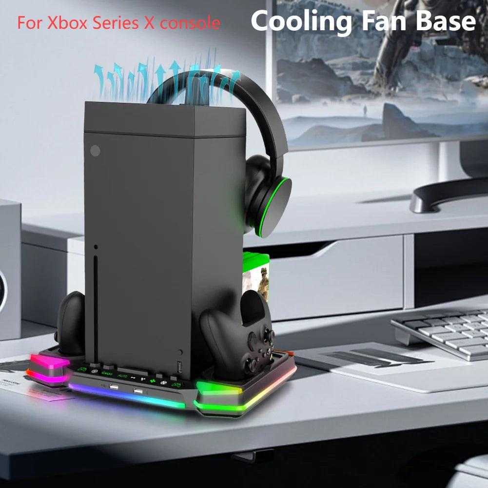 RGB Charging Dock For Xbox Series X Vertical Cooling Fan Stand with Headphone Stand Charging Station W/ Game Discs Card Slot