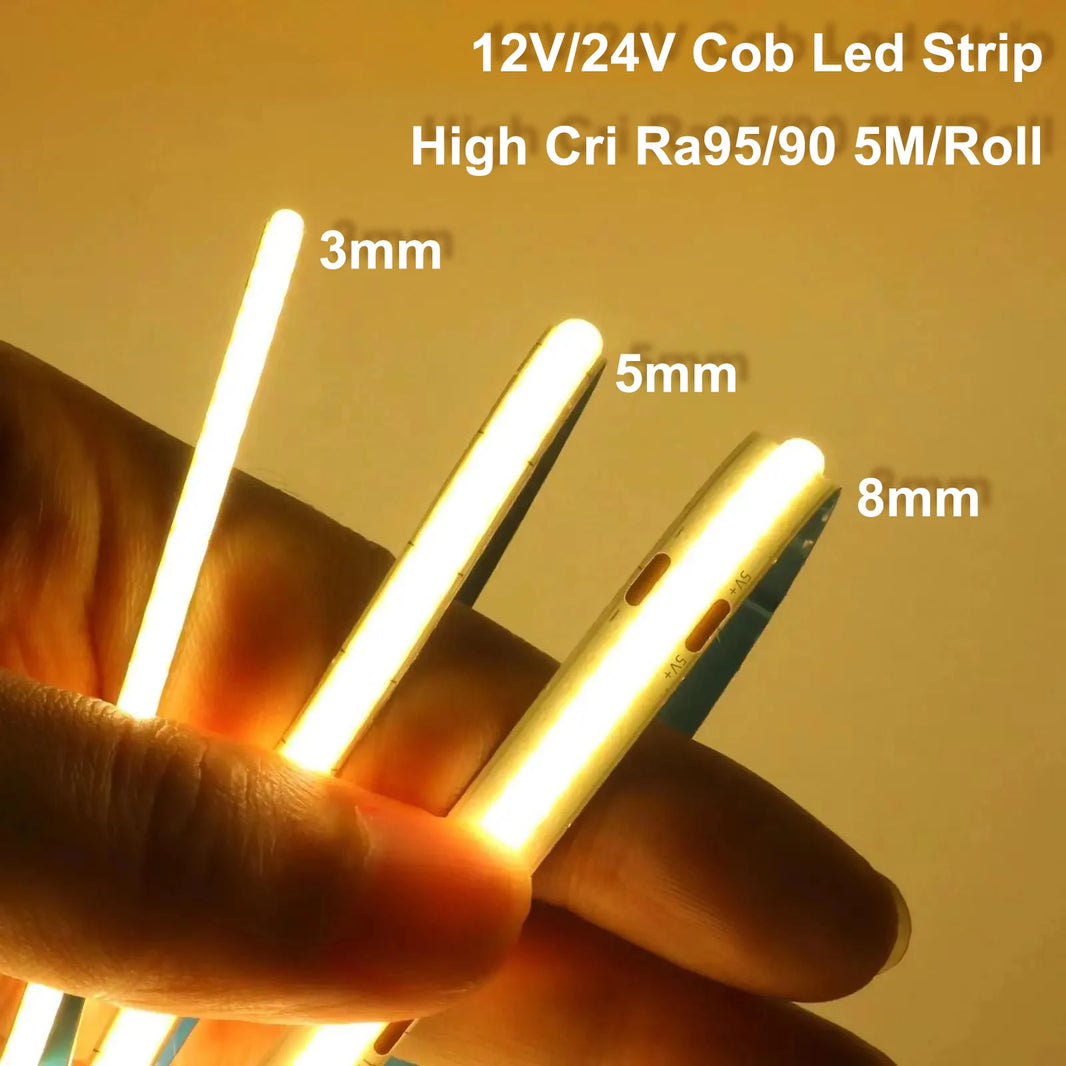 High Quality 5M Cob Led Strip Cri90 Free Cutting 12V 24V 3mm 5mm 8mm Self-adhesive Led Strip Light