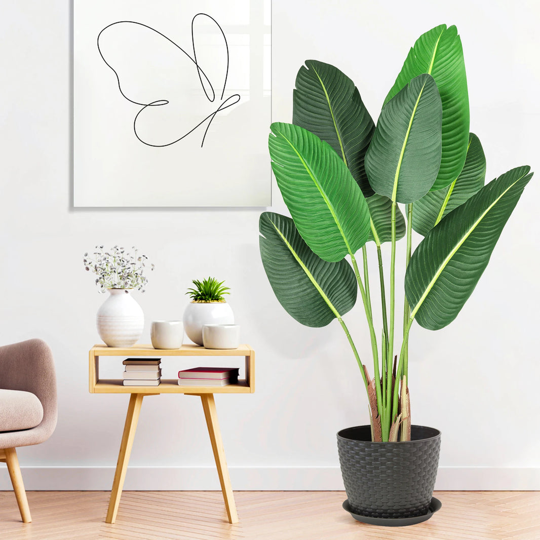 4Ft Aritificial Bird of Paradise Plant Fake Tropical Palm Tree with 8 Trunks Artificial Banana Leaf for Indoor Outdoor Decor