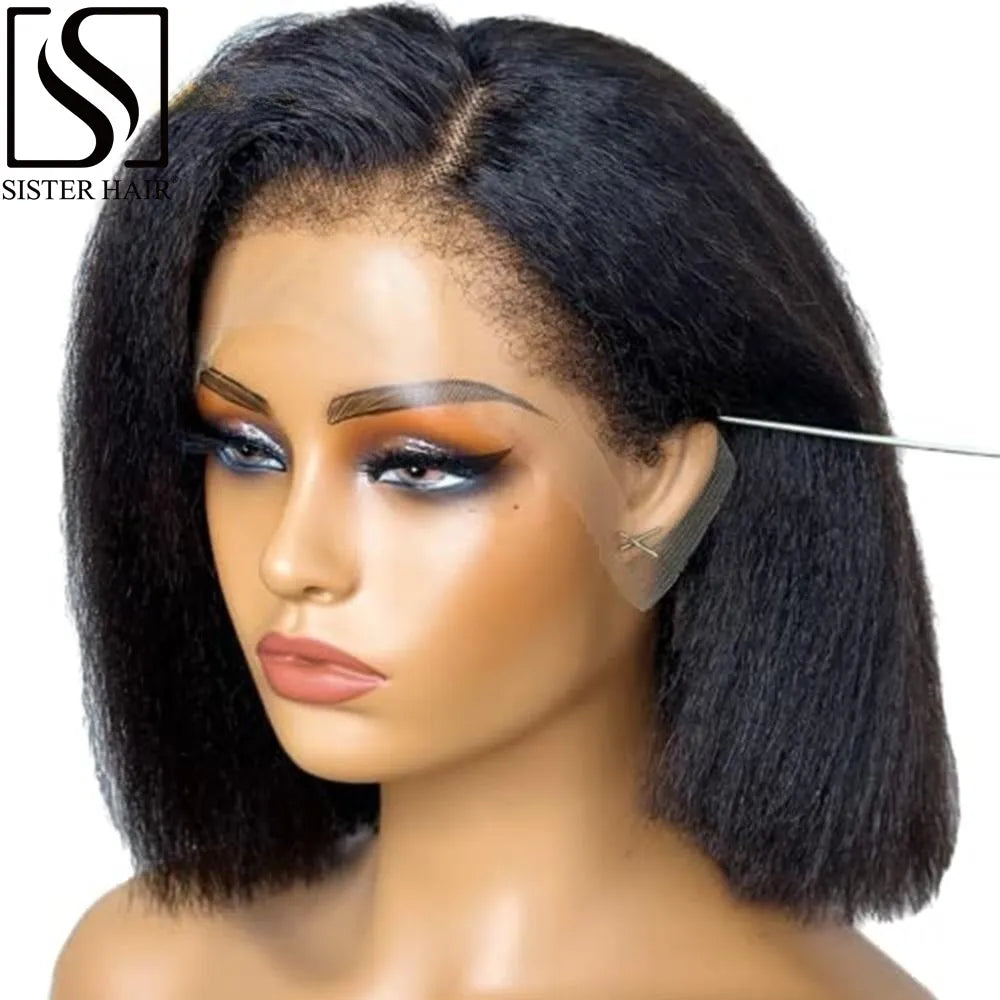 Short Bob Wig Kinky Straight Lace Front Human Hair Wig 180% Density 13x4 Transparent Lace Frontal Wigs for Women Brailian Remy