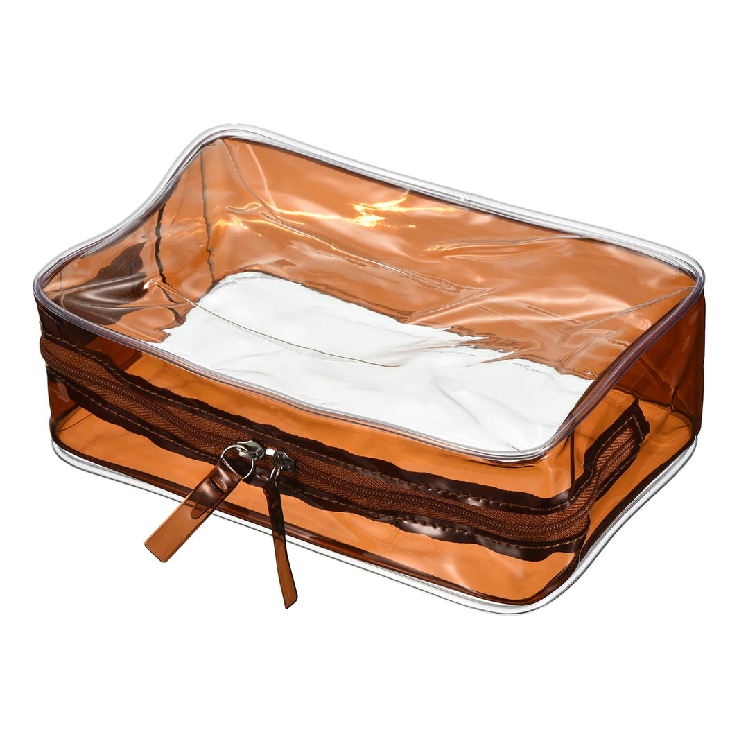 7.9"x2.6"x5.3" Clear Travel Toiletry Bags, PVC Makeup Bags Cosmetic Pouch with Zipper for Travel Home Storage Organizing, Brown