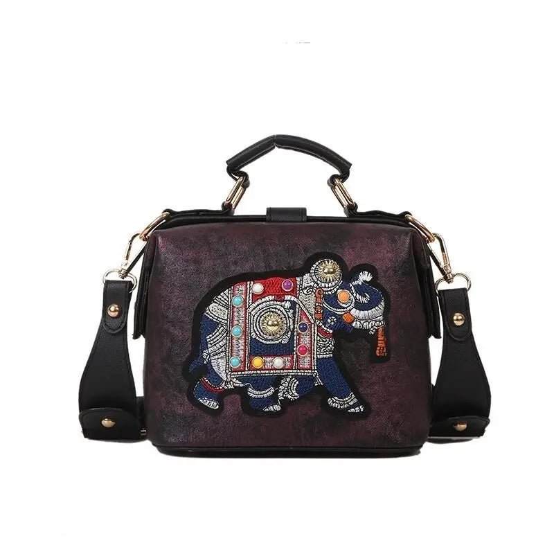 Vintage Embroidery Elephant Bag Bags Wide Butterfly Strap PU Leather Women Shoulder Crossbody Bag Tote Women's Handbags Purses