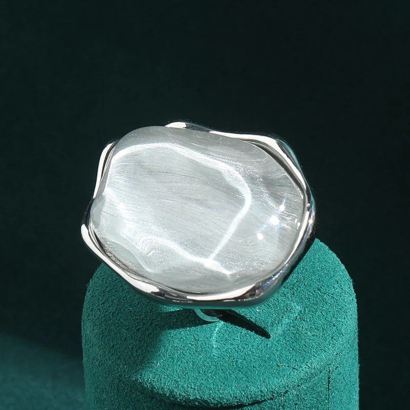 Vintage Transparent White Glass Ring Jewelry For Woman Luxury Quality Cat Eye Stone Irregular Silver Color Designer Brands 2025