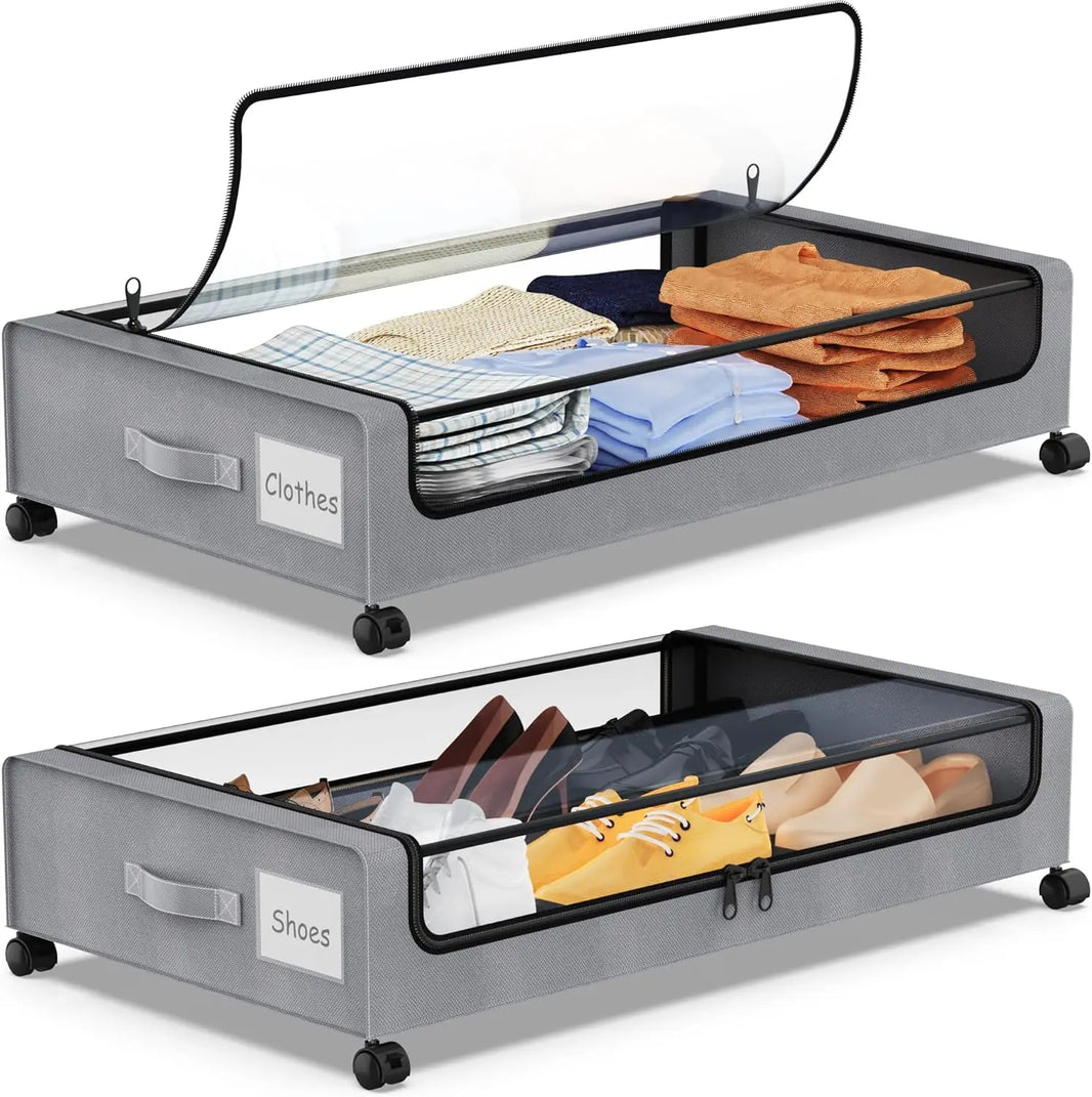 Under Bed Storage with Wheels, 2Pack Containers Shoe Organizer with Clear Window&Label,Rolling Metal Drawer for Clothes,Shoes