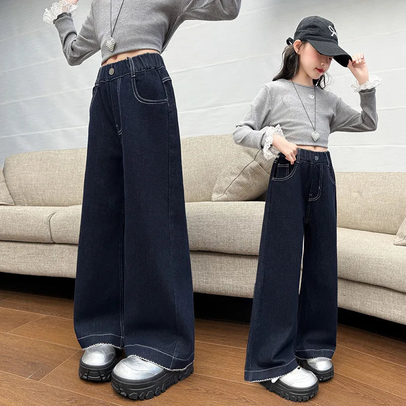 Classic Design Kids Casual Wide Leg Dark Blue Washed Jeans for Teenage Girls School Denim Pants Child Solid Color Jeans Trousers