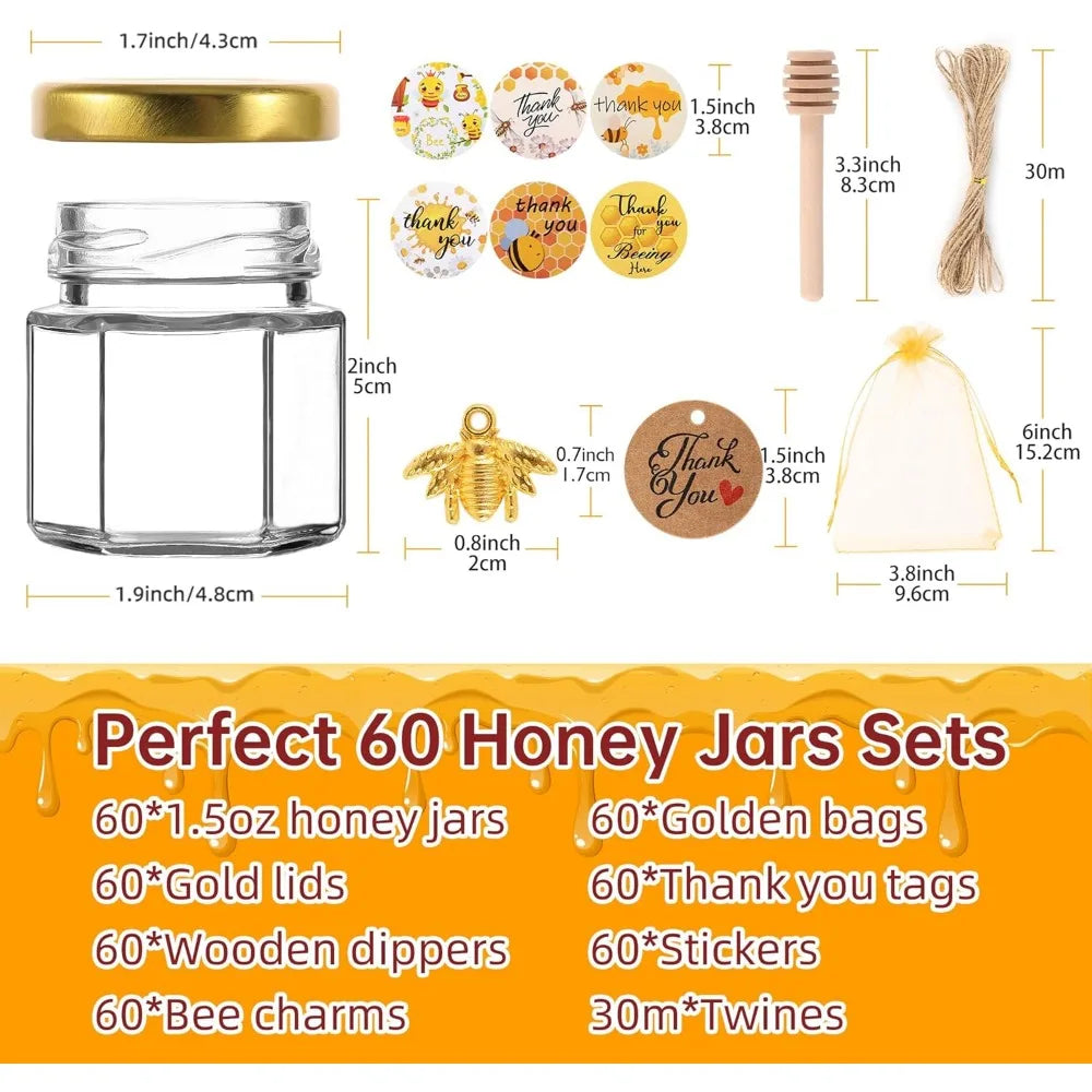 60 Pack Mini Glass Honey Jars Party Favors,1.5 oz Small Hexagon Glass Honey Jars with Dippers,Lids,Gold Bags,Bee Charms,Thank Yo