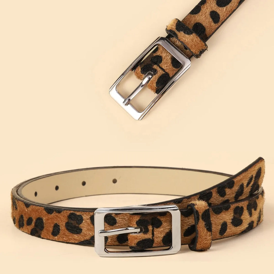 Leopard Print Pu Women's Belt Goth Retro Jeans Dress Accessories White Girdle Silver Pin Buckle Black Leather Thin Waistband