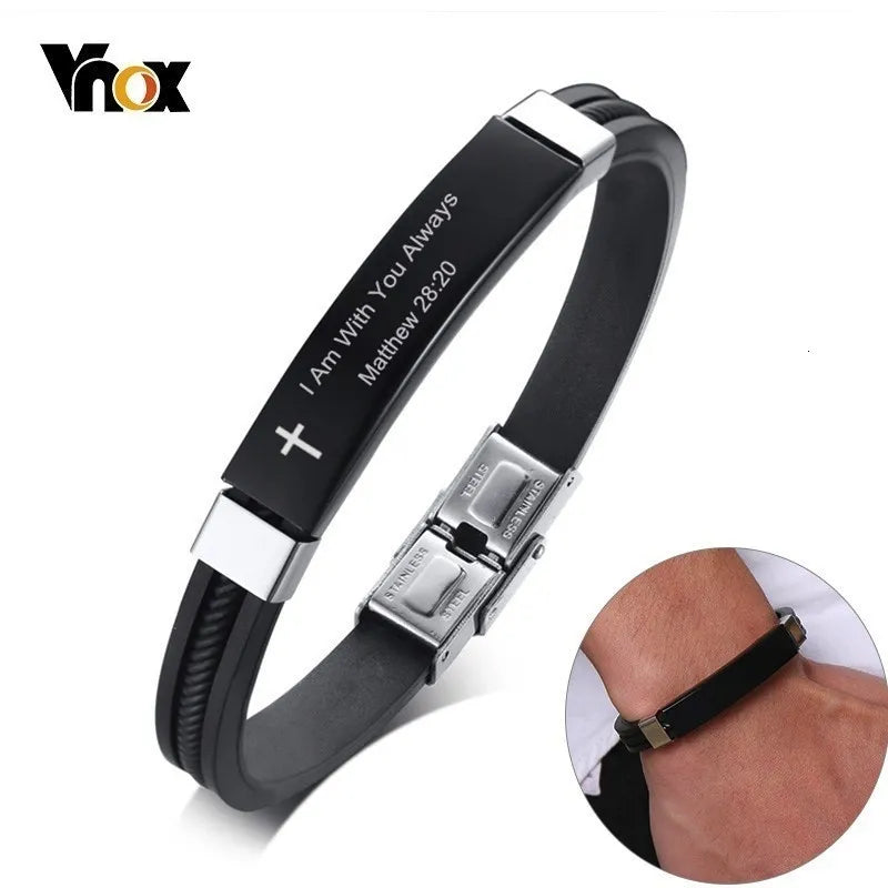 Vnox Cross Bible Verse Quotes Bracelets for Men Soft Silicone Bangle Comfort Wear Male Jesus Christ Faith Prayer Pulseira