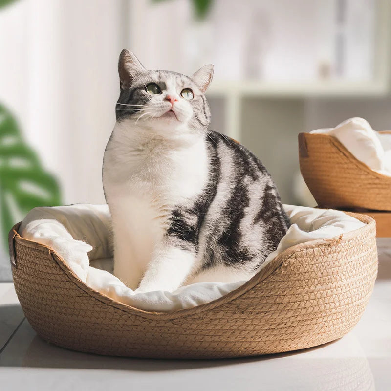 Pet Bed Soft Cat Kennel Dog Beds Sofa Bamboo Weaving Four Season Cozy Nest Baskets Waterproof Removable Cushion Sleeping Bag