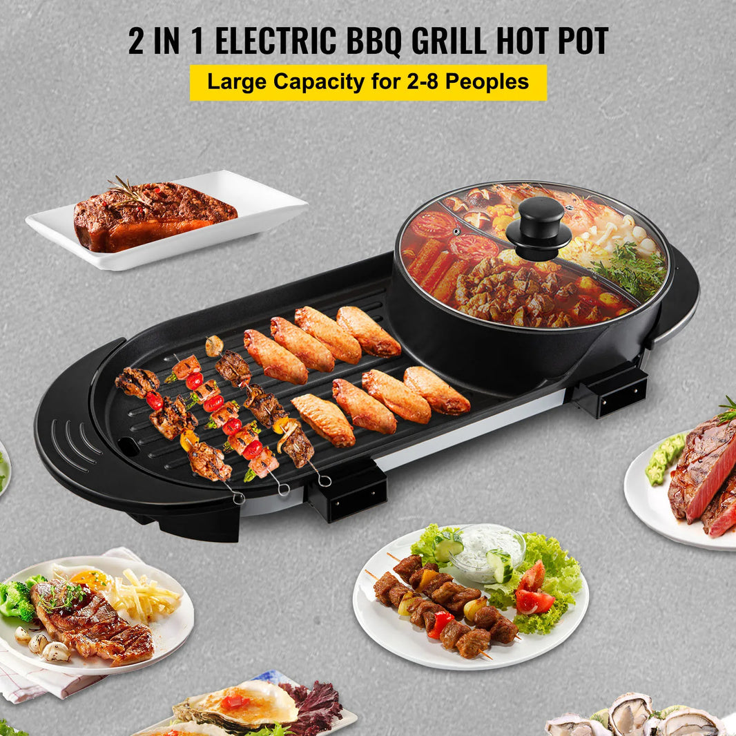 VEVOR 2 in 1 Electric BBQ Pan Grill Hot Pot Portable Smokeless Durable Material Fast Even Heated for Shellfish Vegetables Home