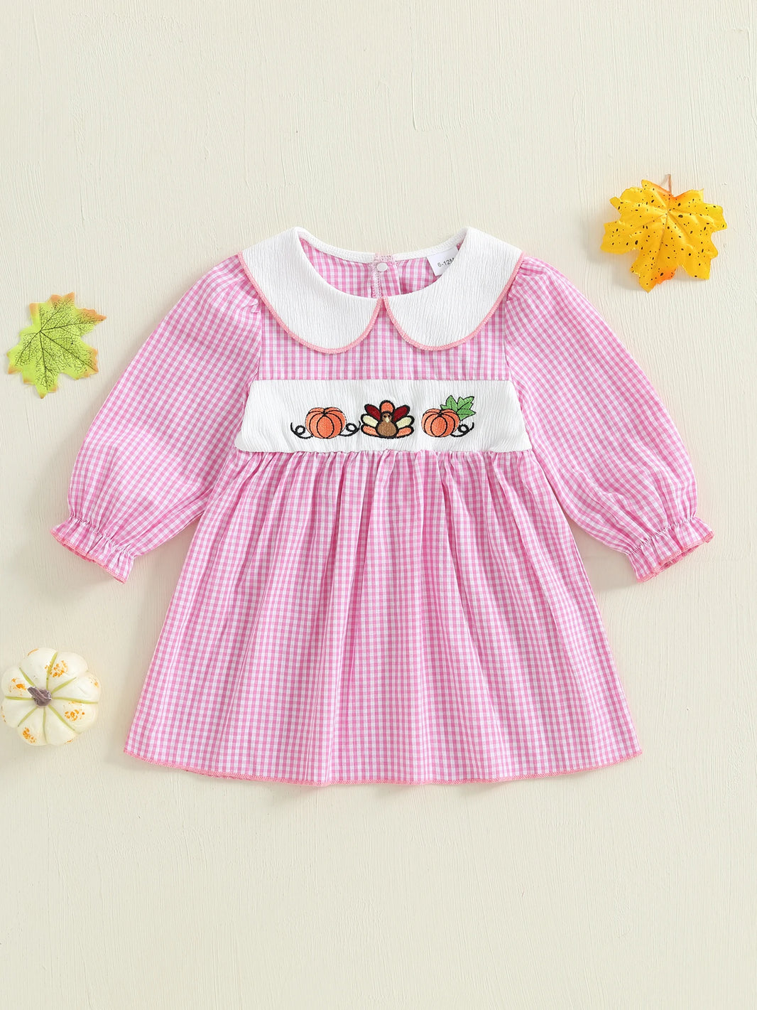 Thanksgiving Plaid Dress for Girls with Turkey and Pumpkin Embroidery Doll Collar Long Sleeve Casual Dress for Toddlers