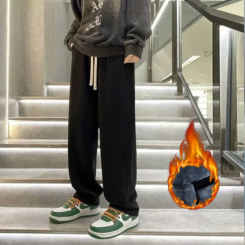 2025 New Men Autumn Winter Warm Casual Jeans Male Fleece Lined Thickened Denim Pants Elastic Waistband Loose Straight Trousers