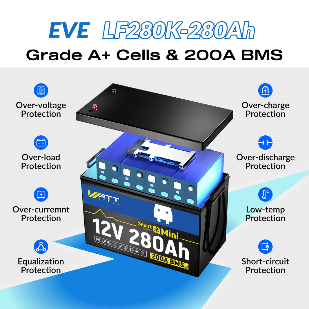 WattCycle LiFePO4 Lithium Battery 12V 280Ah Bluetooth EVE A+ Cells 200A BMS For RV Camping Marine Home Storage Backup Power