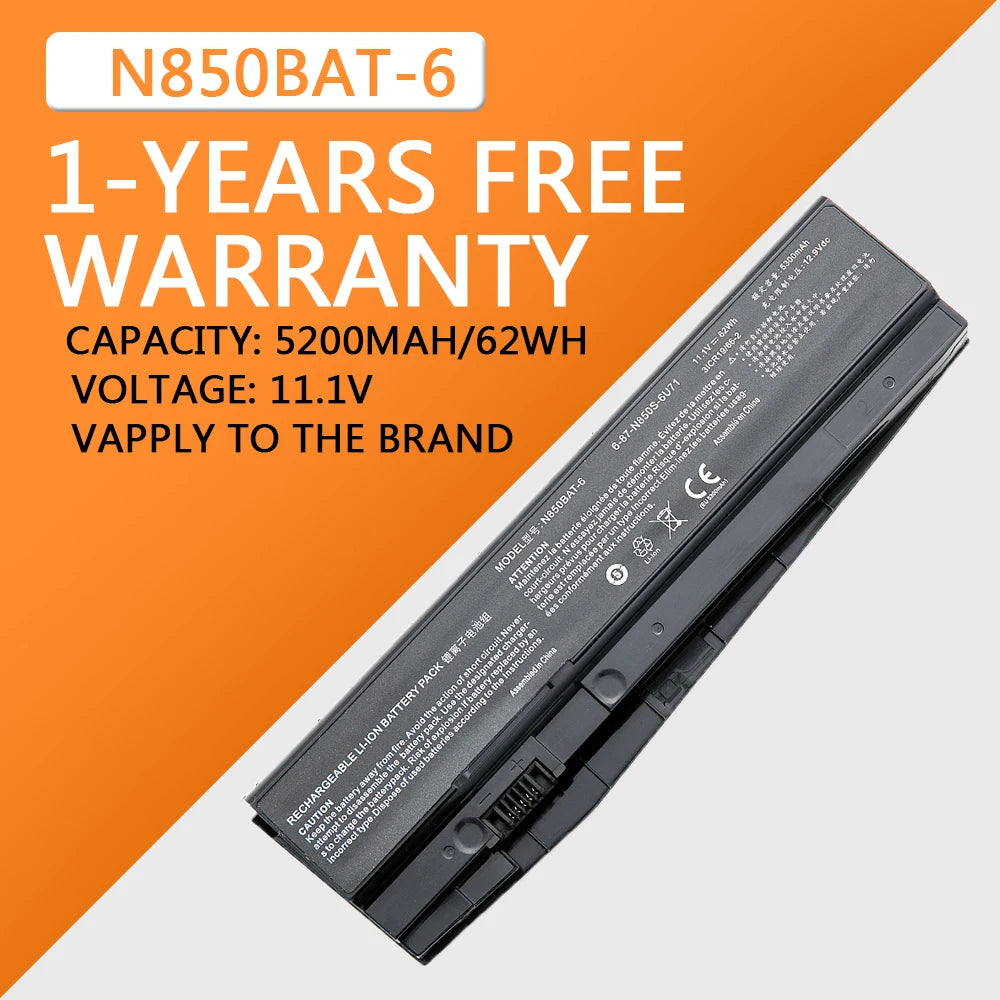 N850BAT-6 Laptop Battery For Clevo N850 N850HC N850HJ N870HC N870HJ1 N870HK1 N850HJ1 N850HK1 N850HN 11.1V 62WH/5500mAh