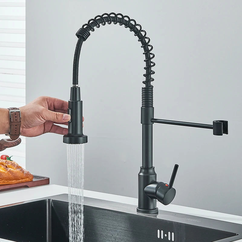 Black Spring Pull Down Kitchen Faucets Stream Spray Head Hot Cold Water Tap Stainless steel Rotation Kitchen Mixer Tap Crane