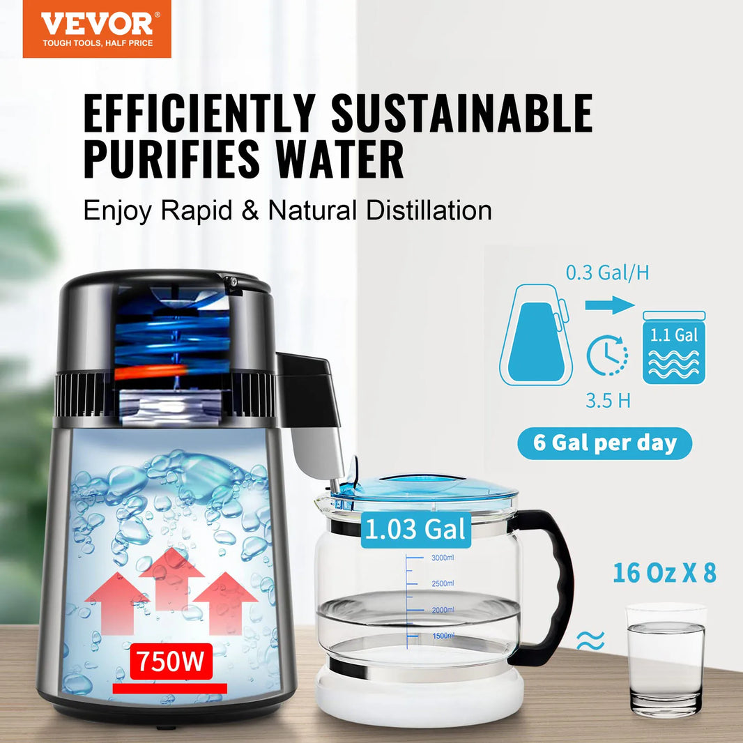 VEVOR Water Distiller,4L Pure Water Purifier Filter For Home,750W Distilled Water Maker, Stainless Steel Interior Distiller