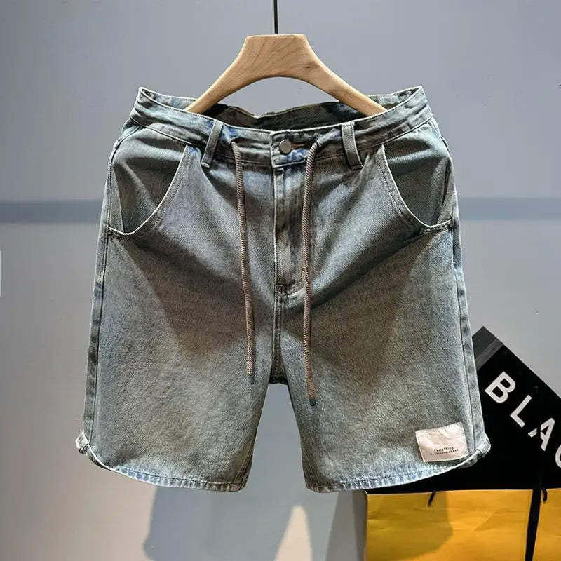 Men's Short Jeans Pants Buttons Black Wide Drawstring Male Denim Shorts Loose Baggy Summer Korean Fashion Harajuku Y2k Cowboy Xl