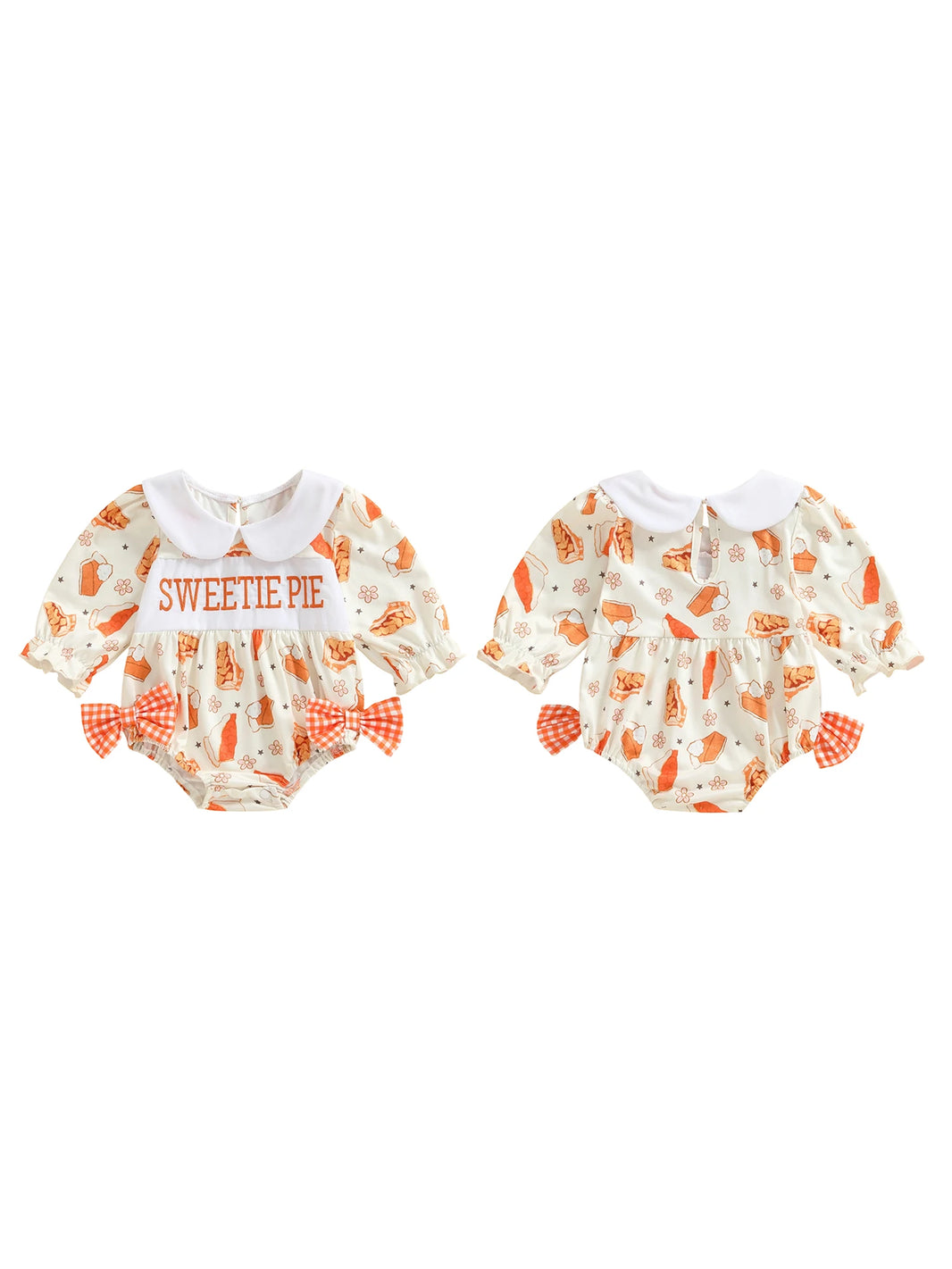 Thanksgiving Turkey Print Ruffle Sleeve Romper with Bow Detail and Peter Pan Collar for Baby Girls Fall Outfit