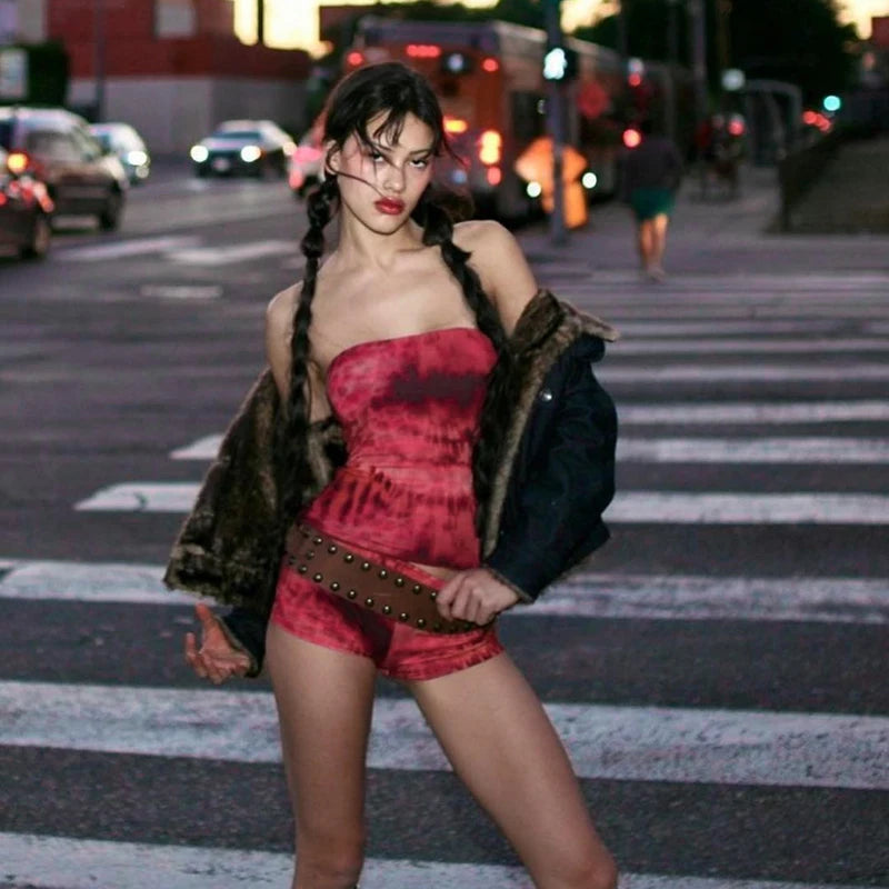 Lygens Tie Dye Print Slim Corset Tops Short Pants Women'S Sets Summer Y2K Streetwear Fashion Wholesale  Korean Casual Clothing