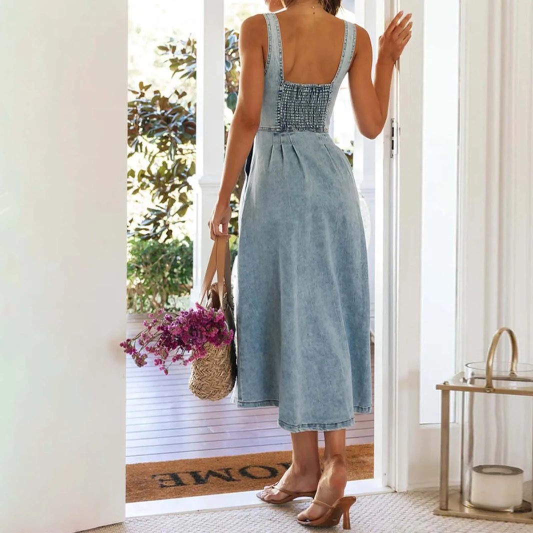 Women's Fashion Denim Long Dresses High Waist Sling Sleeveless V Neck Elegant Maxi Dress Female Slim Fit Backless Dress Vestidos