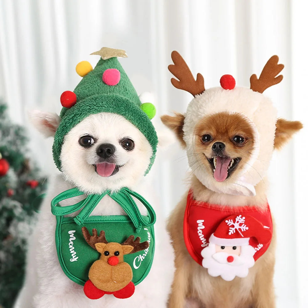 Pet Christmas Accessories Christmas Cat Costume Xmas Cat Santa Hat with Bib Scarf Dog Christmas Costume Outfit for Puppy Kitten