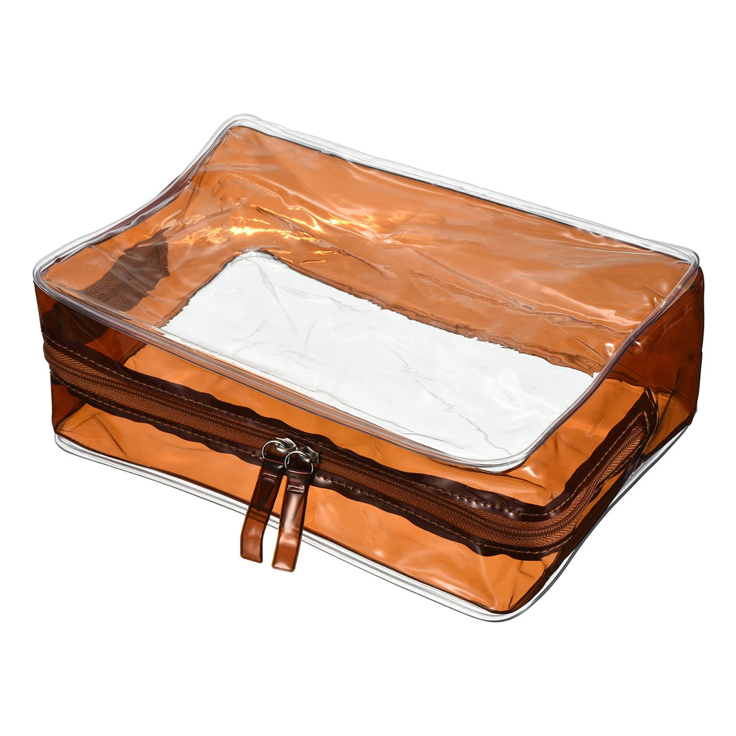 9.1"x3"x6.3" Clear Travel Toiletry Bags, PVC Makeup Bags Cosmetic Pouch with Zipper for Travel Home Storage, Brown/Blue