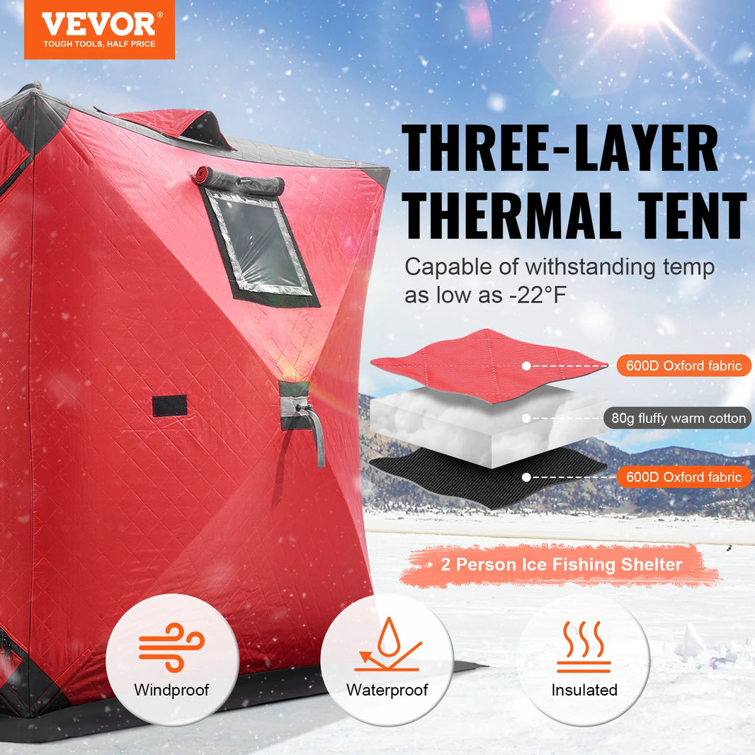 VEVOR Portable Ice Shelter 1-2 Person Insulated Pop-Up Ice Fishing Tent 24Square Feet Area Thermal Ice Shanty for Winter Fishing