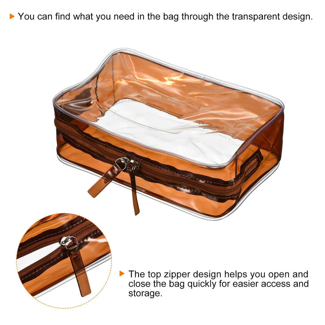7.9"x2.6"x5.3" Clear Travel Toiletry Bags, PVC Makeup Bags Cosmetic Pouch with Zipper for Travel Home Storage Organizing, Brown