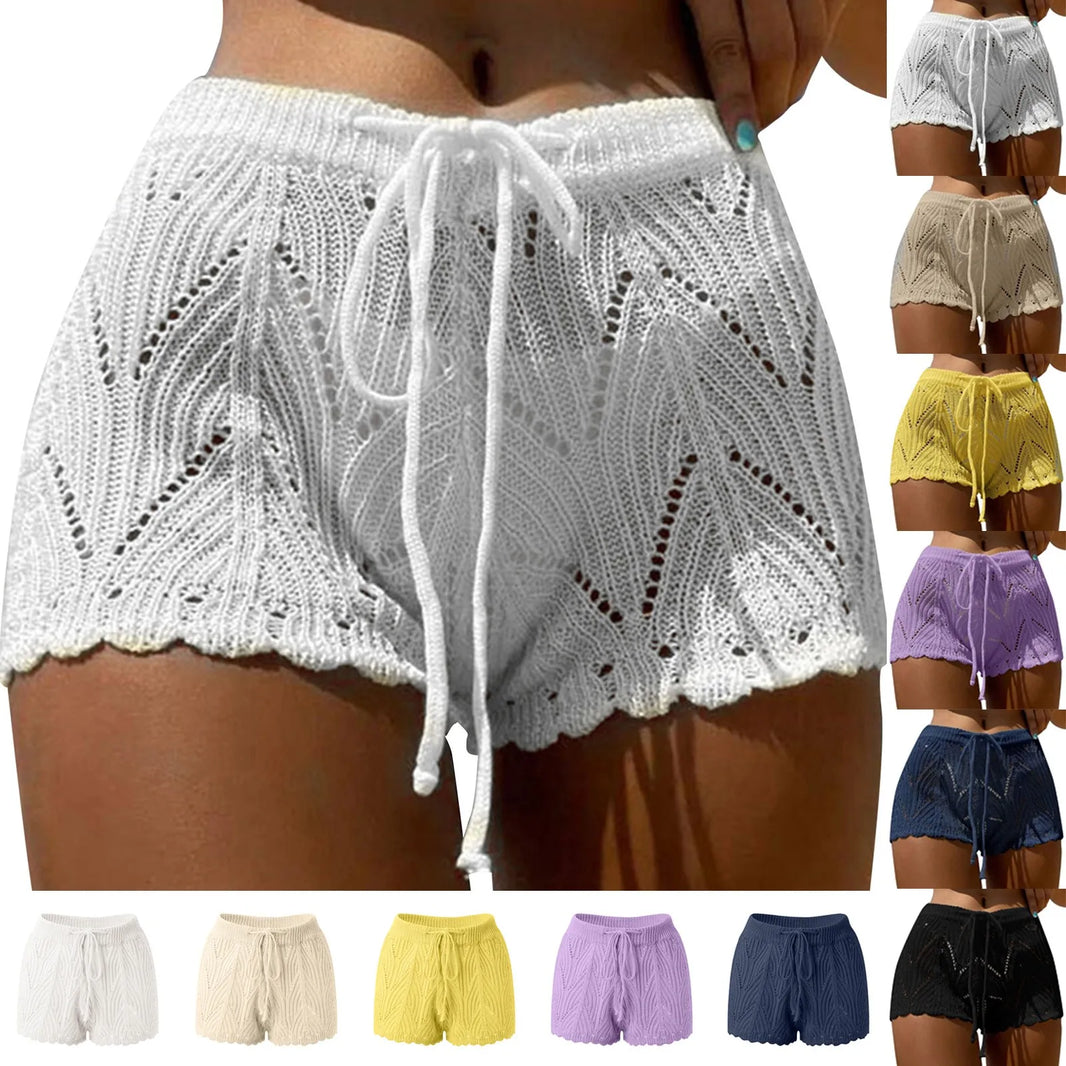Women'S Crochet Swim Shorts Knitted Swimsuit Solid Bottom Cover Up Summer Bathing Suit Drawstring Beach Board Shorts Swim Trunks