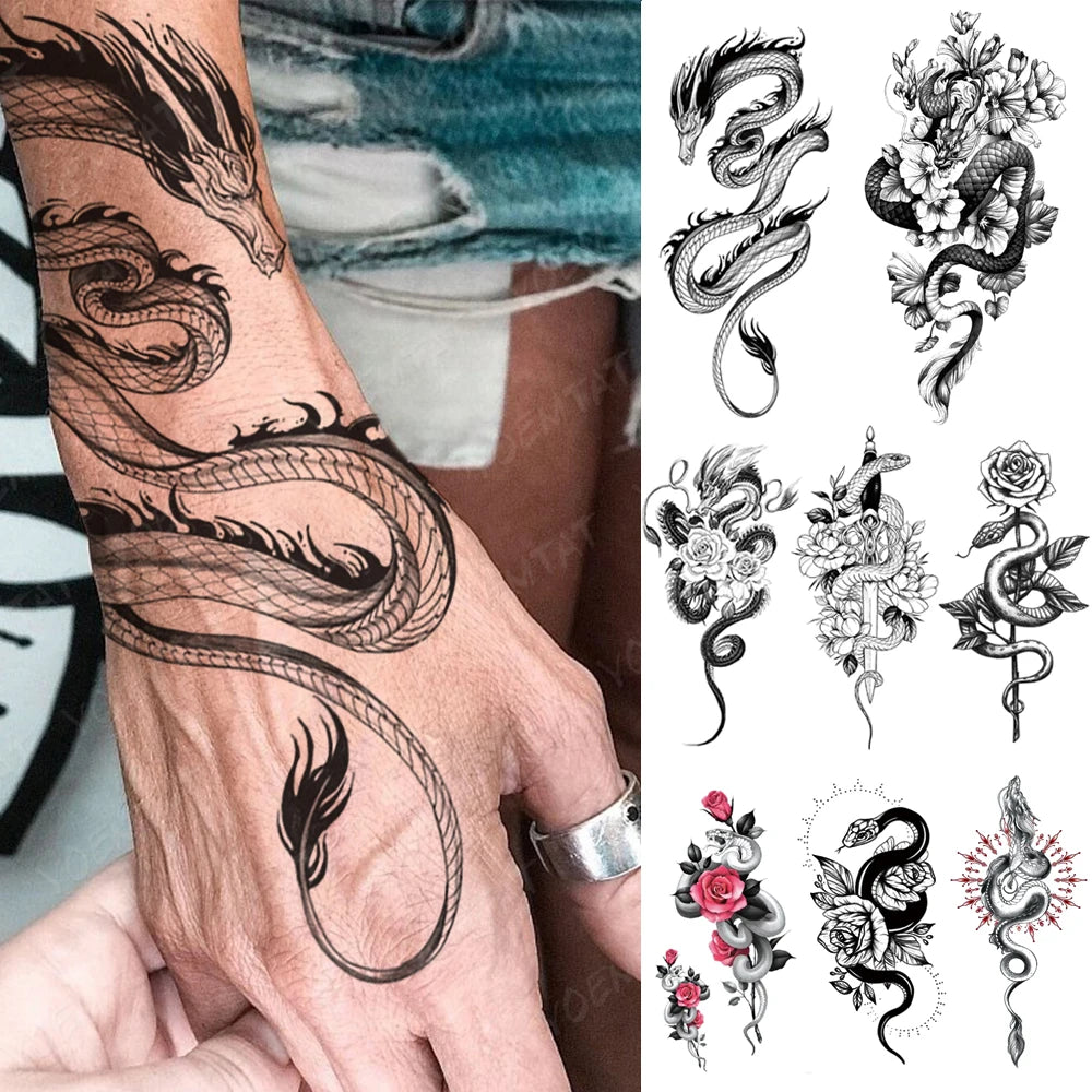 Waterproof Temporary Tattoo Sticker Black Snake Dragon Totem Flash Tatto Tiger Flowers Roses Body Art Arm Fake Tatoo Men Women