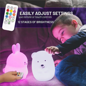 Silicone Night Light for Kids, Bear - 9 Soft Colors, Remote Sleep Timer - Rechargeable, Battery-Operated Light for Toddler, Baby, Girls, Boys - Bedroom, Nursery