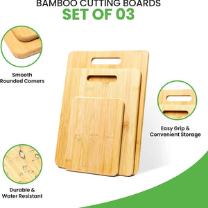 Wood Bamboo Cutting Board Set of 3 with Handle, Organic Wood Cutting Board for Chopping Meat, Butcher Block, Veggies & Cheese, for Kitchen