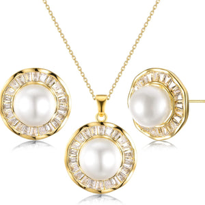 Pearl Wedding Necklace and Earrings 14K Gold Plated Sunflower Jewelry Set for Women & Bridesmaids You Are My Sunshine Shiny Cubic Zirconia Chain Length 18"+2" Extender (A)