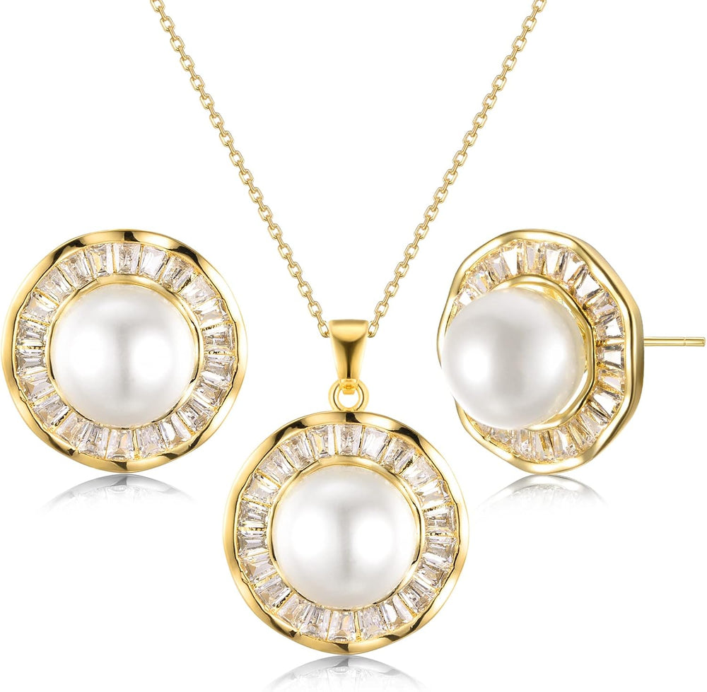 Pearl Wedding Necklace and Earrings 14K Gold Plated Sunflower Jewelry Set for Women & Bridesmaids You Are My Sunshine Shiny Cubic Zirconia Chain Length 18"+2" Extender (A)